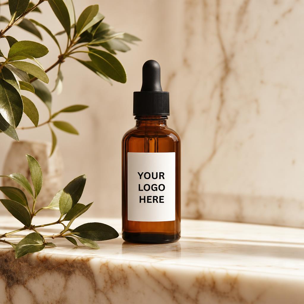 Premium amber serum bottle with botanical leaves on warm marble